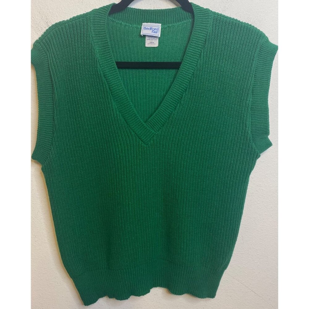 Vintage Bedford Fair Vest Green Sweater Preppy Size Large Tennis Golf Vneck L